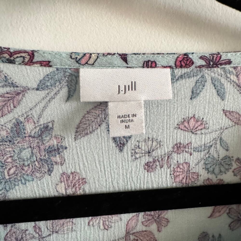 J. Jill Tasseled Tunic Top Blue Tassel Drawstring Neck Floral 3/4 Sleeve Sz M - Picture 3 of 6